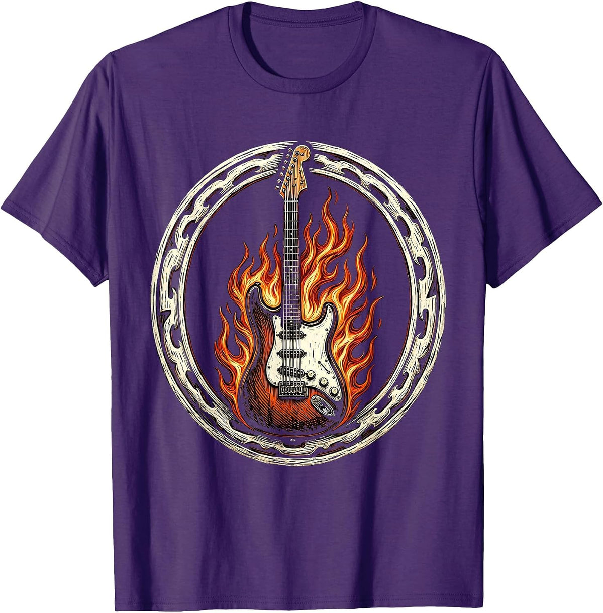 Flaming Electric Guitar Punk Rock Graphic T-Shirt - Purple