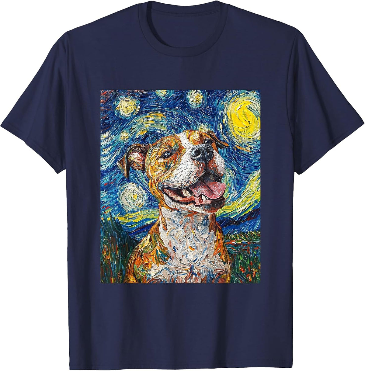 Pitbull Dog Pittie Van Gogh Style Starry Night Graphic T-Shirt - Navy Blue