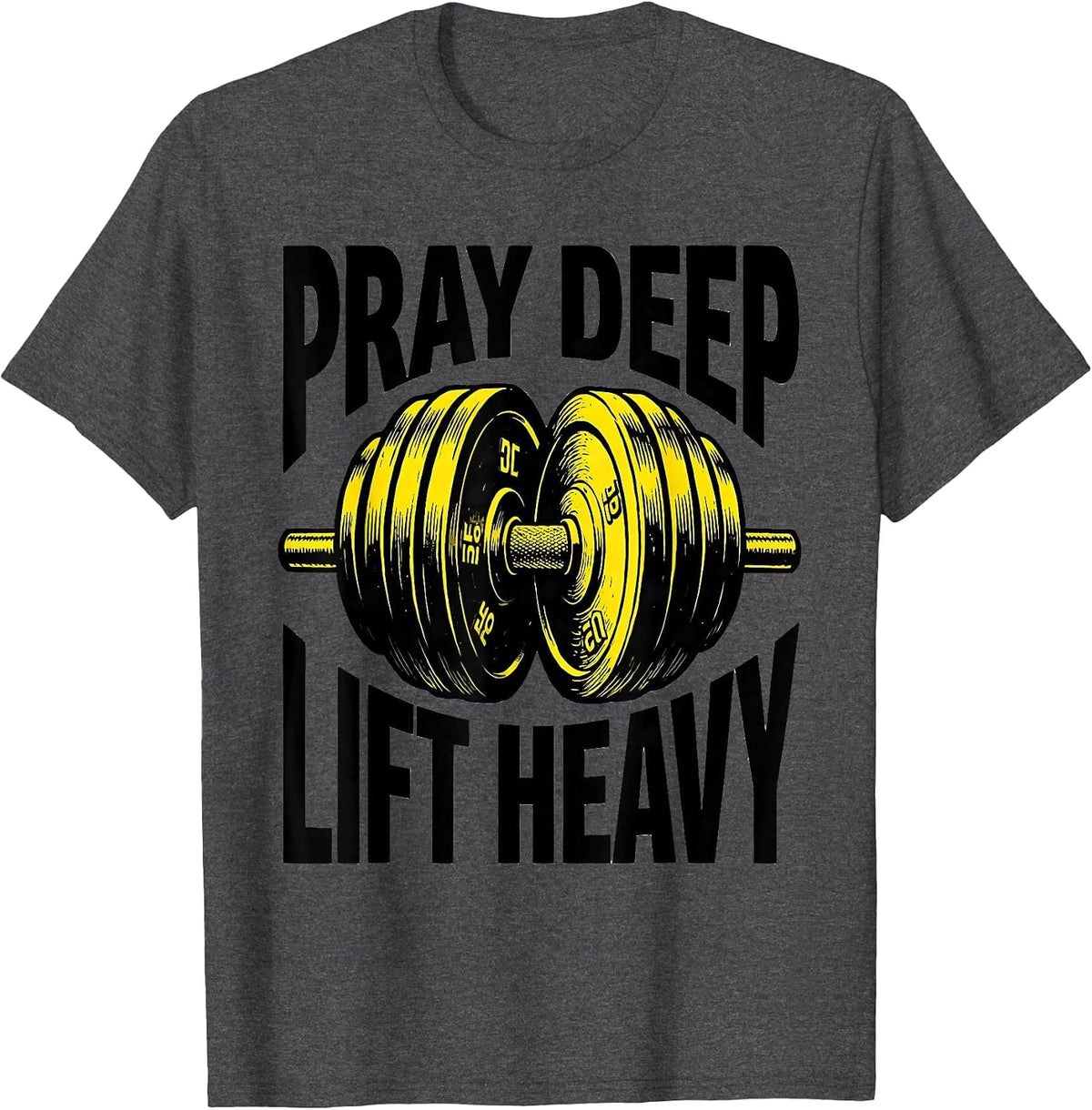 Men's Pray Deep Lift Heavy Stencil Christian Gym Weightlifter T-Shirt - Dark Heather Grey