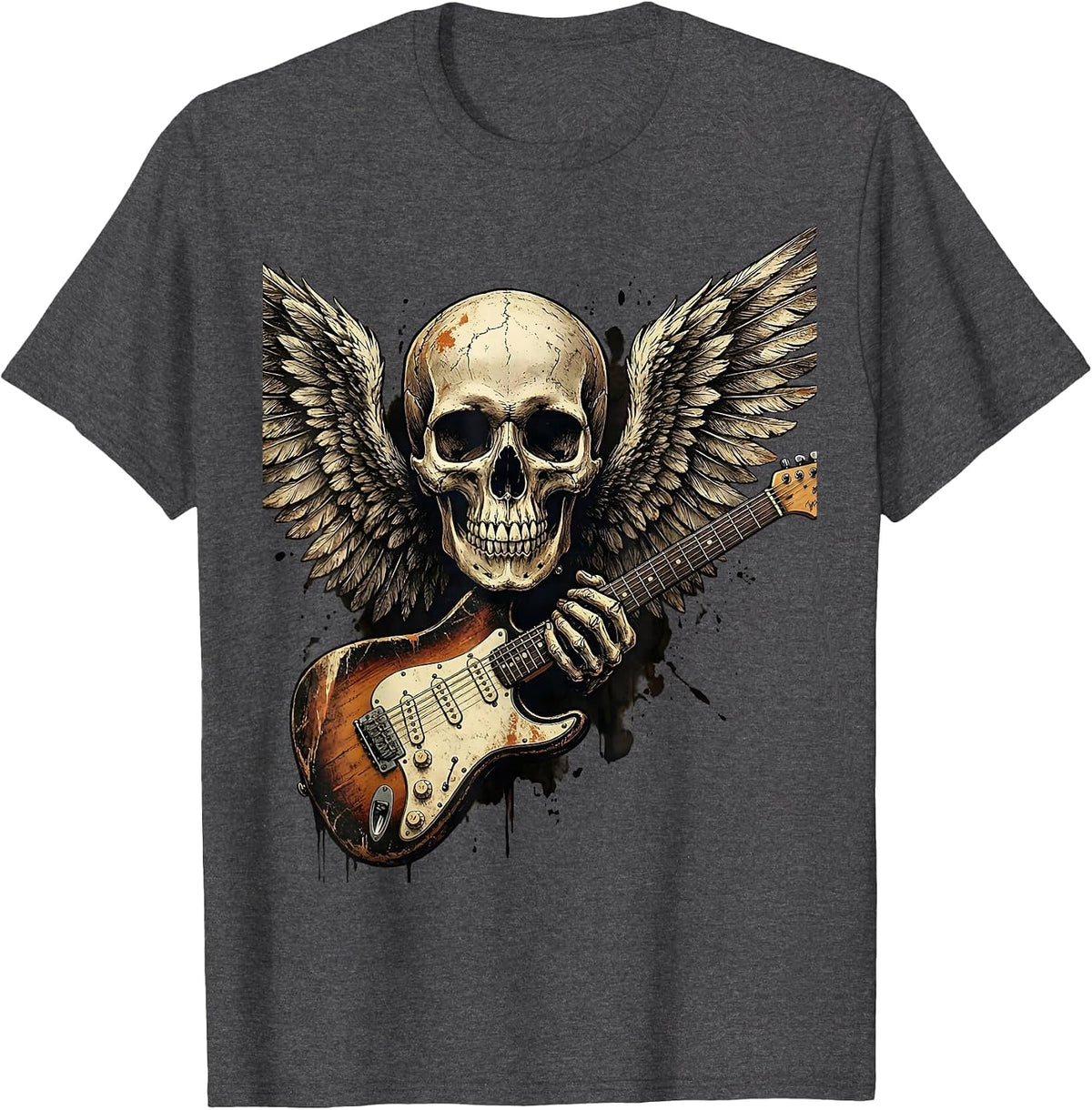 Winged Skull Flying V Guitar Rock and Roll Graphic T-Shirt - Dark Heather Grey