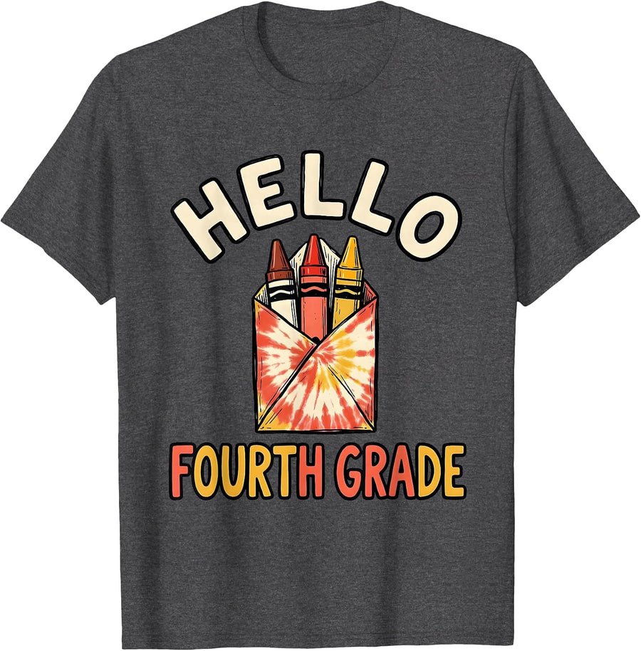 Men's Hello Fourth Grade Tie Dye Back To School Student Teacher T-Shirt - Dark Heather Grey