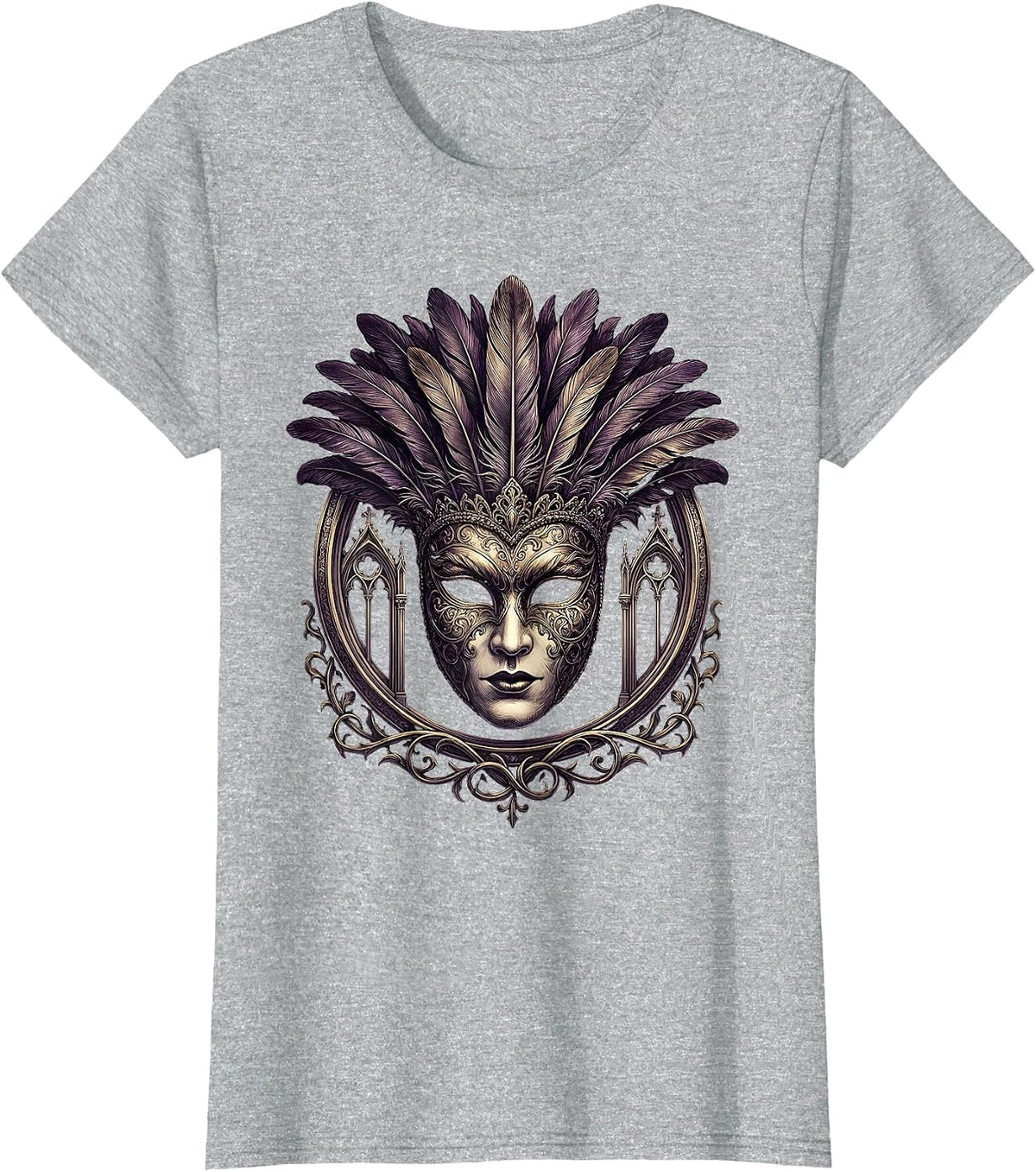 Mardi Gras Masked Beauty Feathered Headdress T-Shirt - Heather Grey