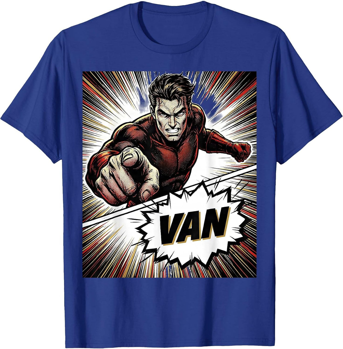 Men's VAN Comic Book Bold Typography Van Life Traveler Road Trip T-Shirt - Royal Blue