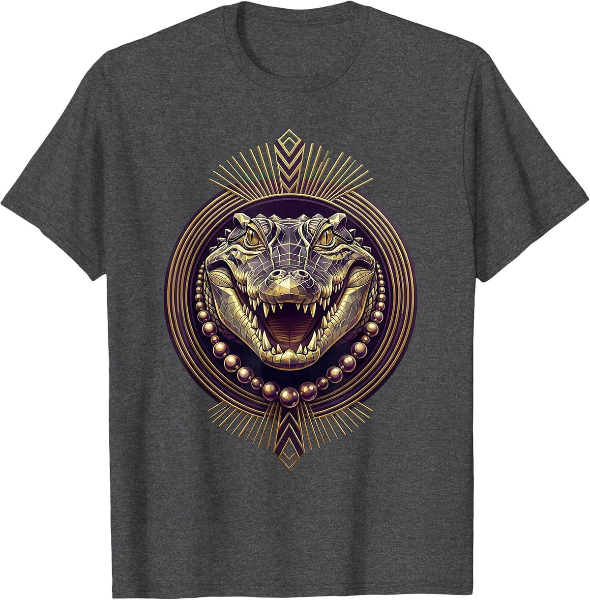Mardi Gras Alligator Beads Festive Illustration T-Shirt - Dark Heather Grey