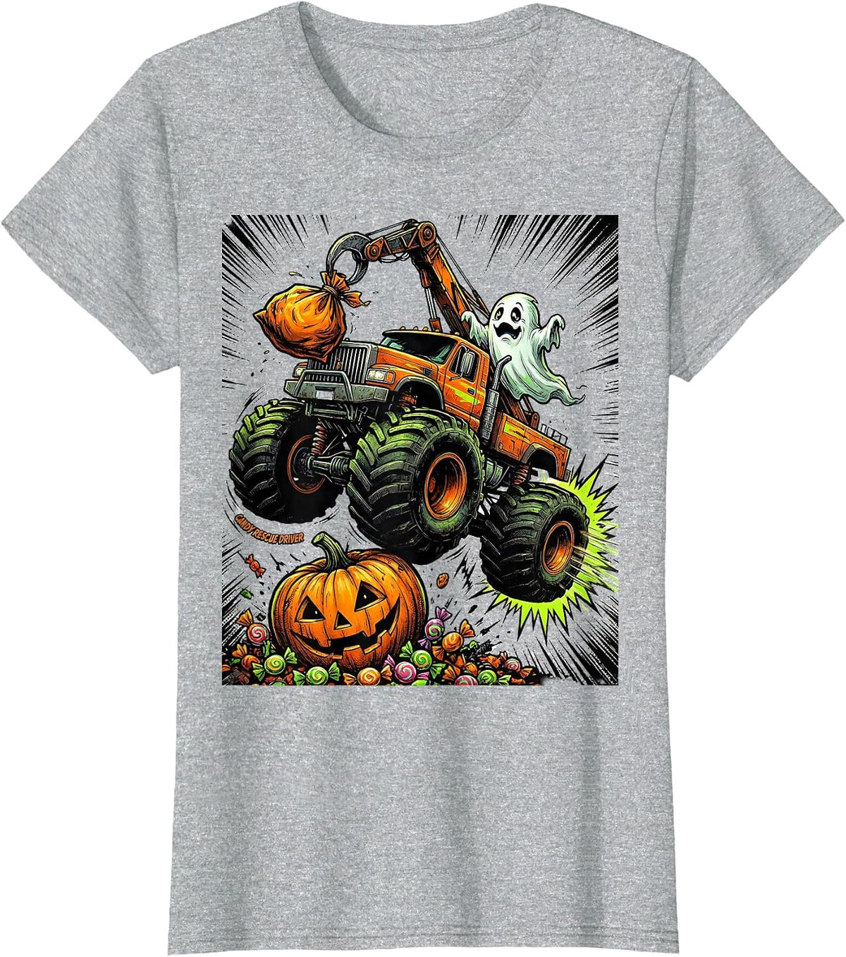 Women's Candy Rescue Driver Comic Book Monster Truck Halloween T-Shirt - Heather Grey