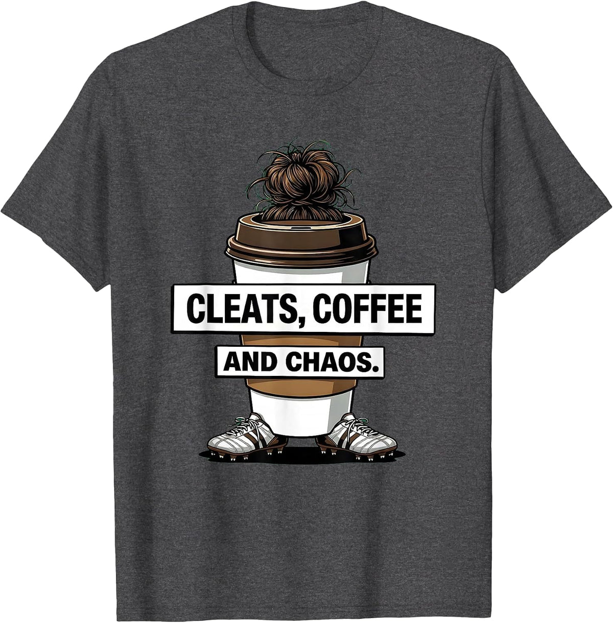 Men's Cleats Coffee and Chaos Soccer Mom Design T-Shirt - Dark Heather Grey