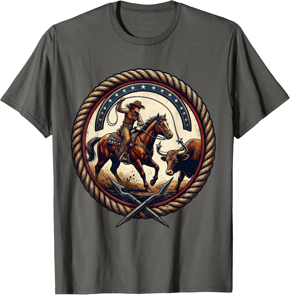 Men's Cowgirl Roping Steer Rodeo Graphic Design T-Shirt - Asphalt Grey