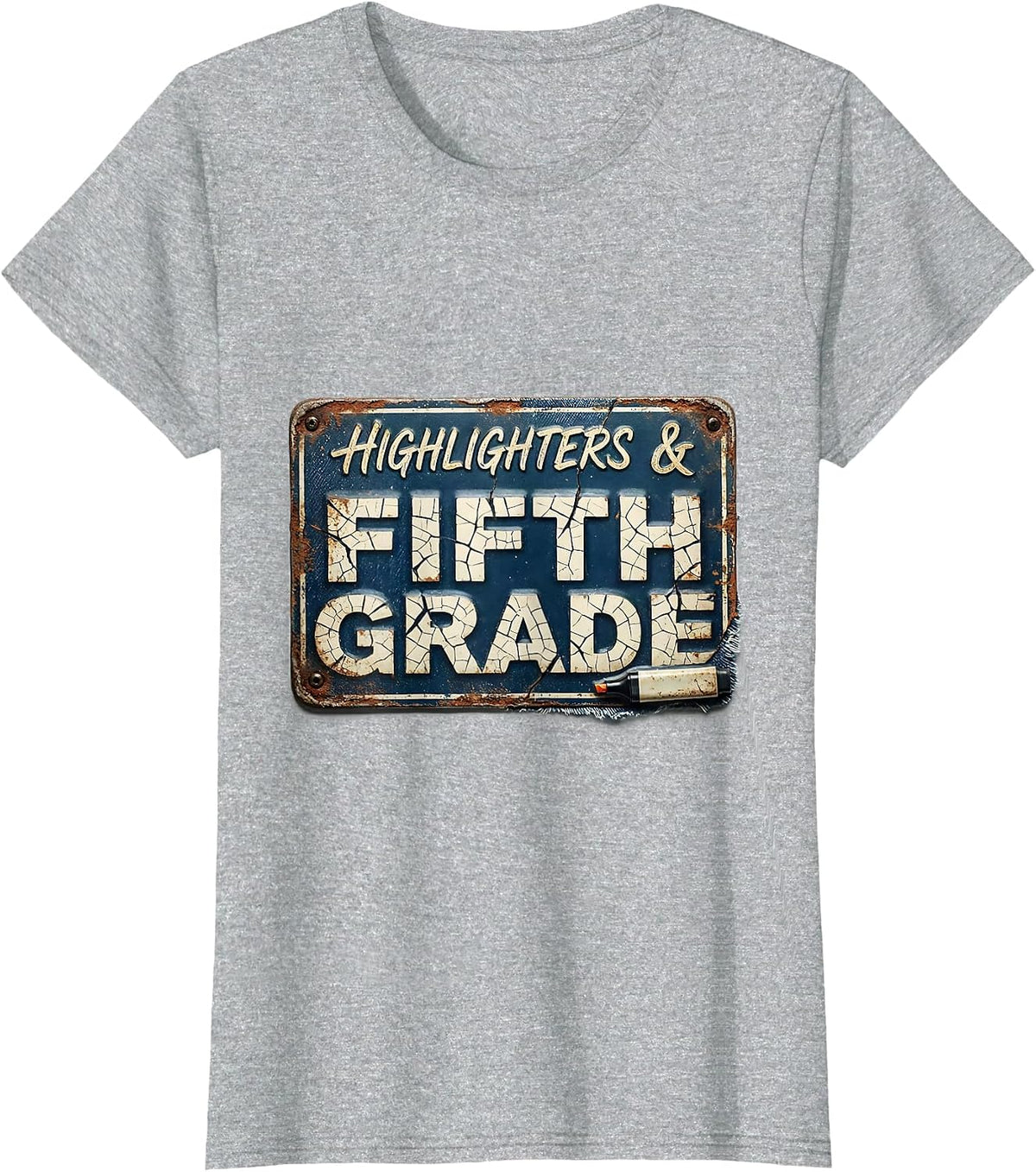 Highlighters & Fifth Grade Distressed Retro Teacher Girl T-Shirt - Heather Grey