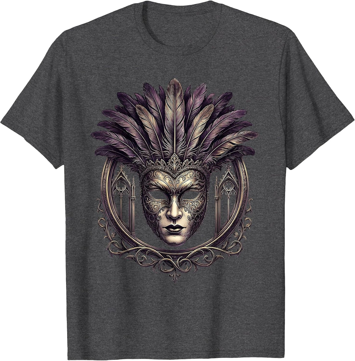 Mardi Gras Masked Beauty Feathered Headdress T-Shirt - Dark Heather Grey