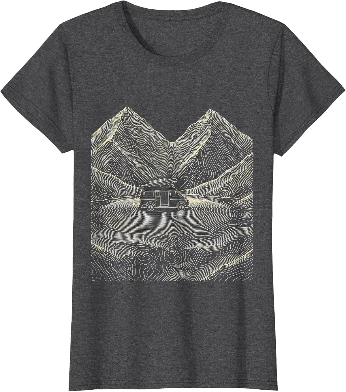 Women's Camper Van Mountain Saddle Topographic Contour Van Life T-Shirt - Dark Heather Grey