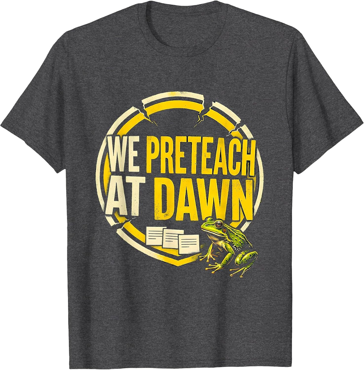We Preteach At Dawn Stencil Graphic Funny Teacher Frog Back T-Shirt - Dark Heather Grey