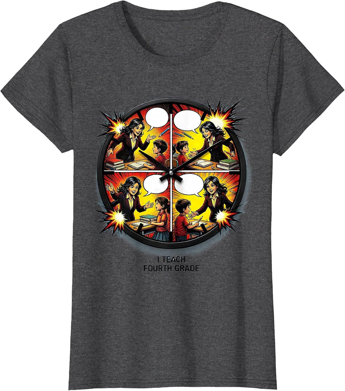 Women's I Teach Fourth Grade Comic Book Teacher Back To School Staff T-Shirt - Dark Heather Grey