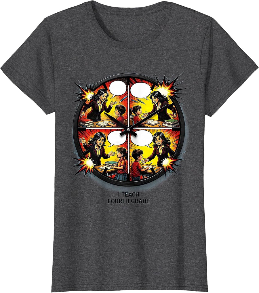 Women's I Teach Fourth Grade Comic Book Teacher Back To School Staff T-Shirt - Dark Heather Grey