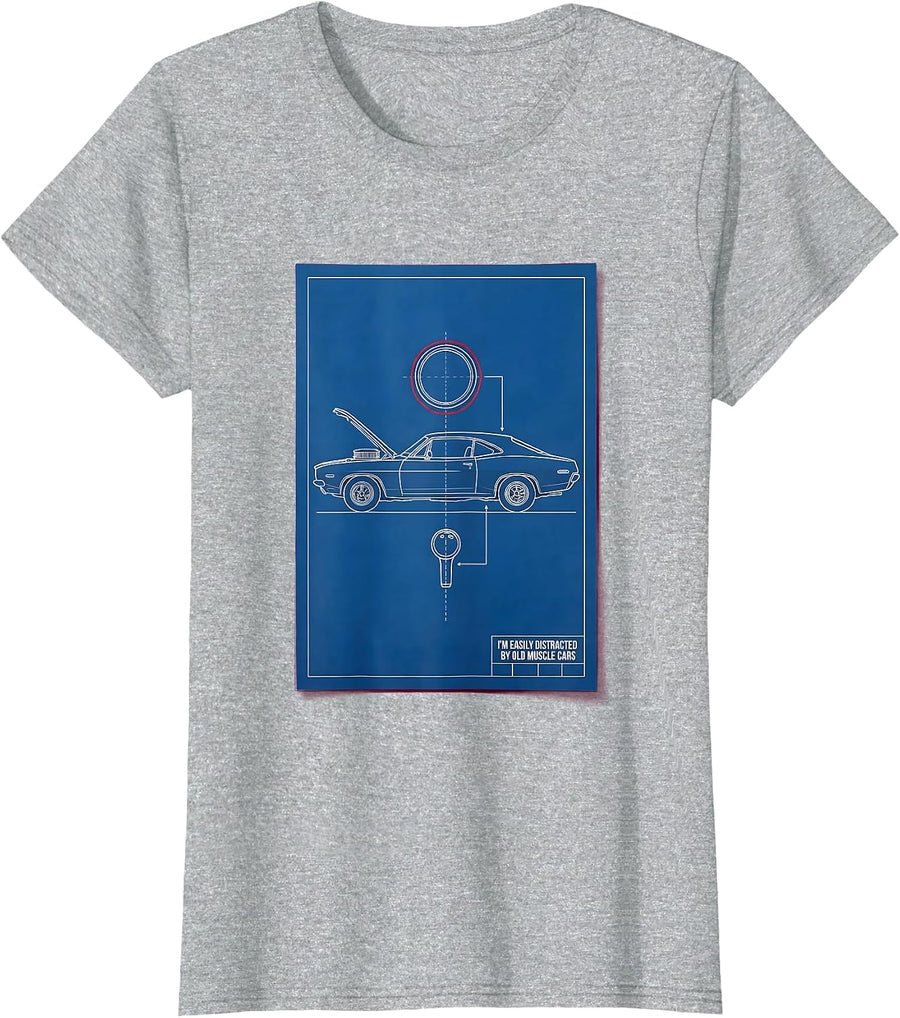 I'm Easily Distracted By Old Muscle Cars Vintage Car Guy T-Shirt - Heather Grey