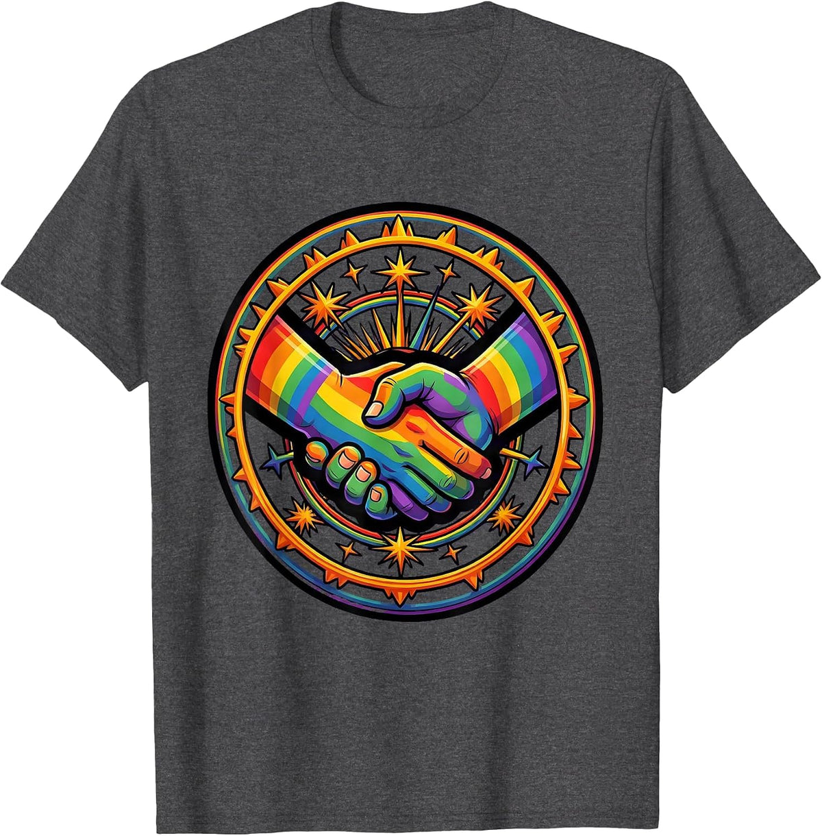 Men's Glowing Interlocked Hands Pride Unity Design T-Shirt - Dark Heather Grey