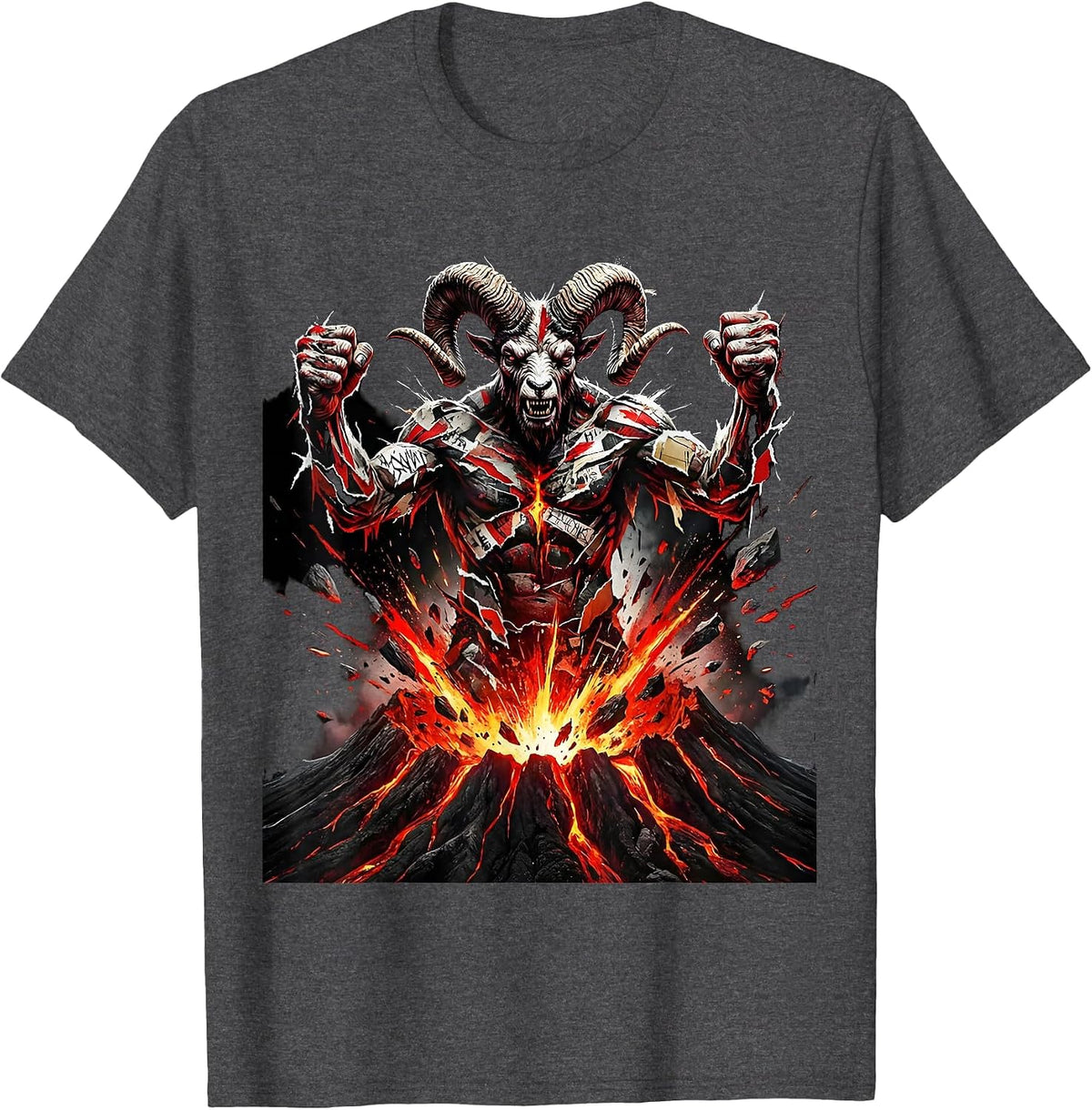 Giant Horned Volcano Demon Metal Graphic T-Shirt - Dark Heather Grey