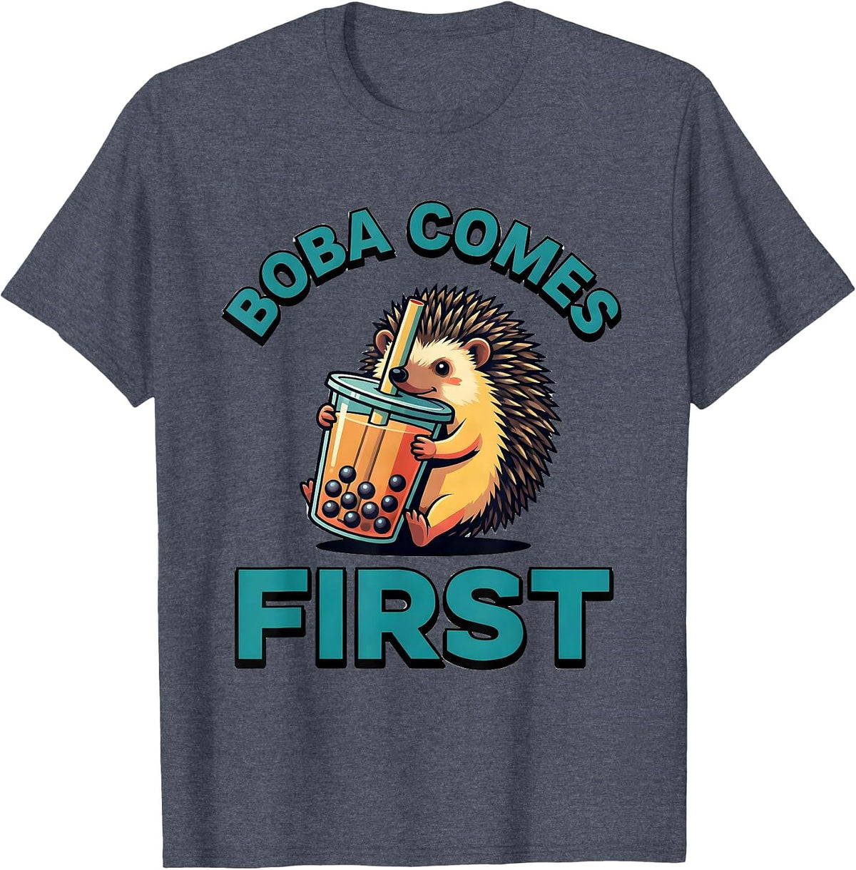 Boba Comes First Cute Kawaii Hedgehog Boba Tea Anime Humor T-Shirt - Heather Blue