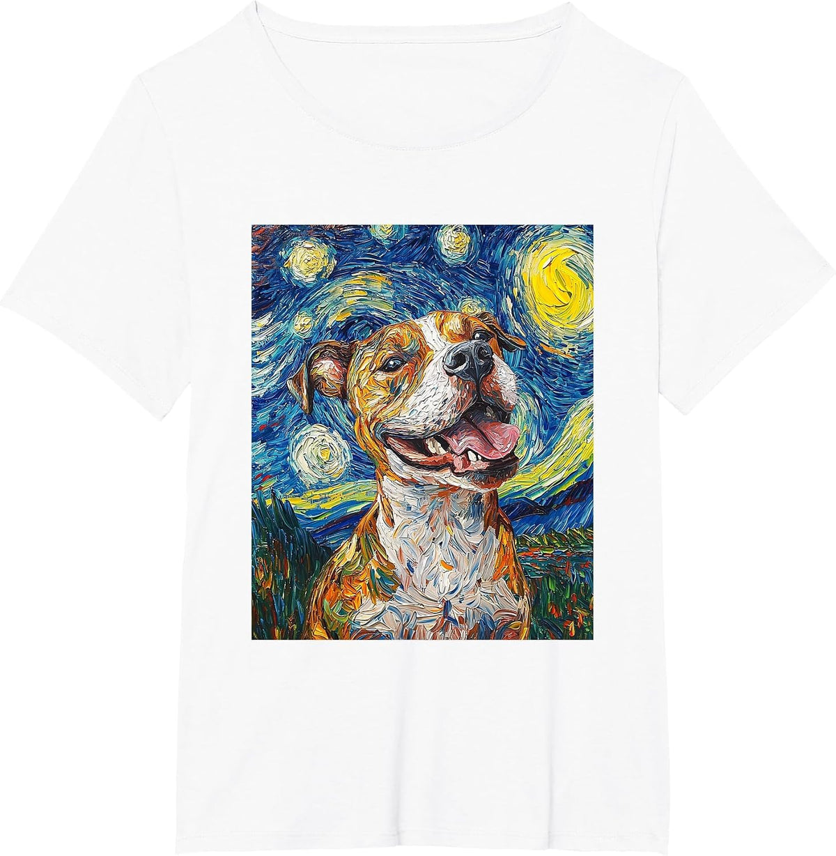 Pitbull Dog Pittie Van Gogh Style Starry Night Graphic T-Shirt - White