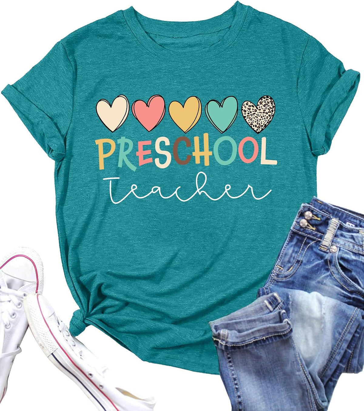 Women's T-Shirt Teaching Kindness Teacher Shirt Funny Short Sleeve Inspirational Graphic Tee Top - 122-cyan