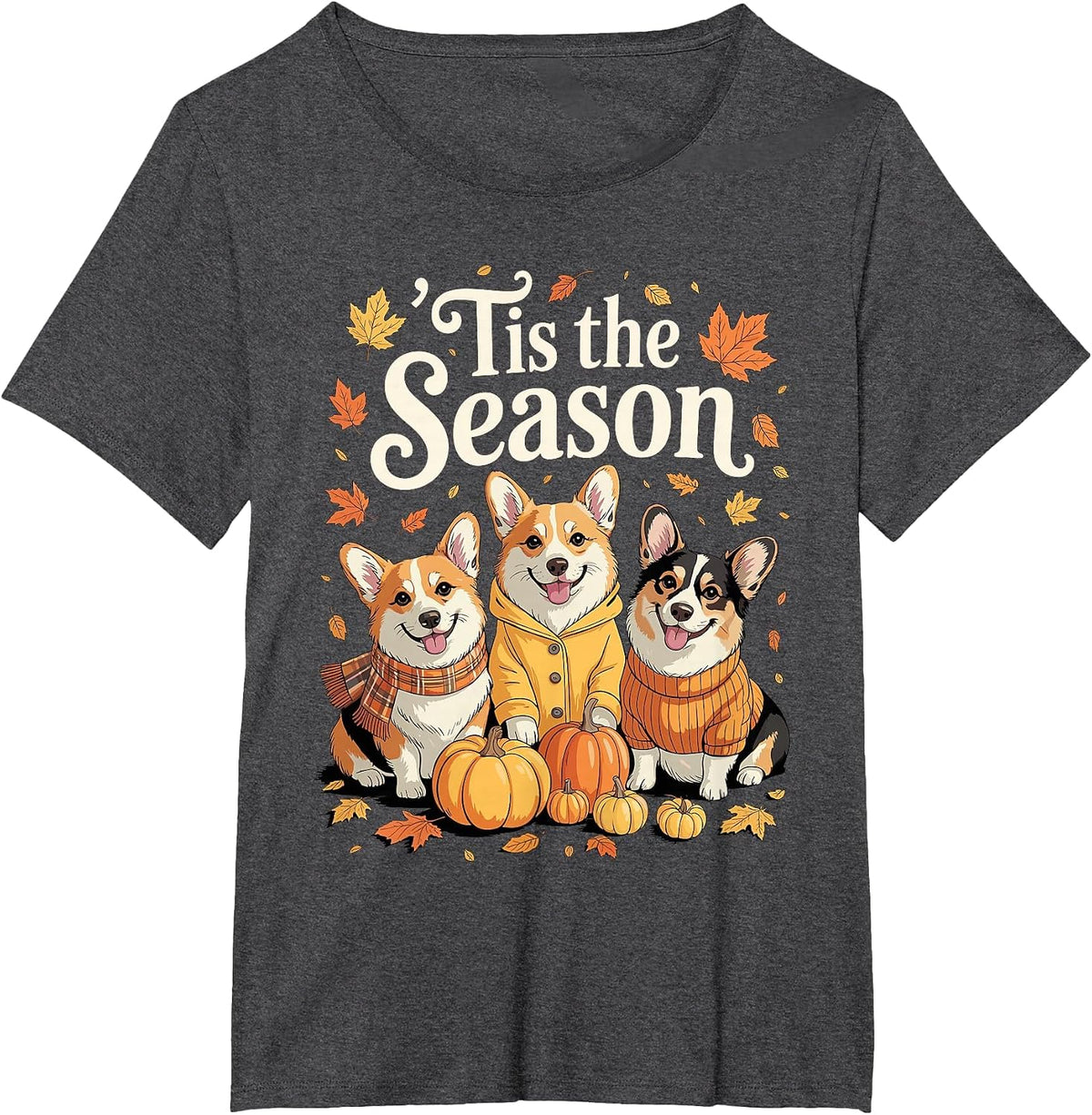 Tis The Season Corgi Fall Autumn Pumpkin Dog T-Shirt - Dark Heather Grey