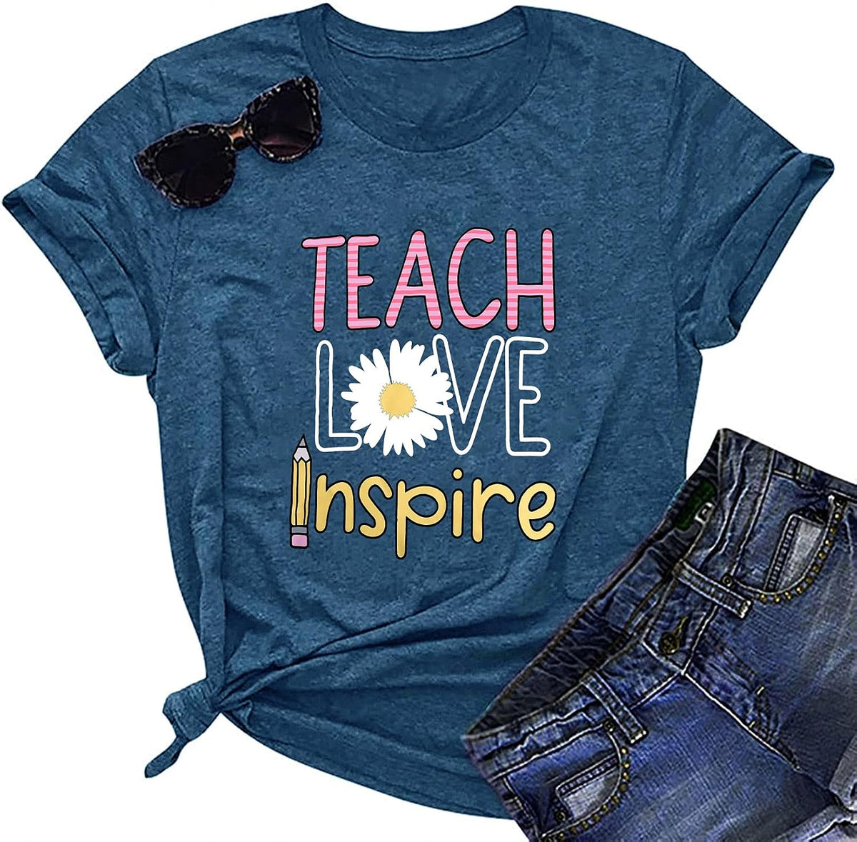 Women's T-Shirt Teaching Kindness Teacher Shirt Funny Short Sleeve Inspirational Graphic Tee Top - Blue-2