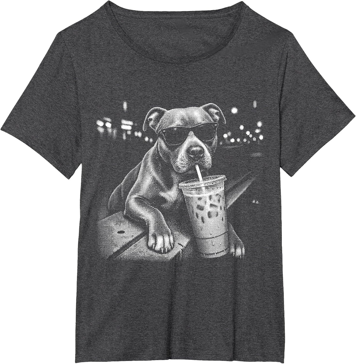 Funny Pitbull Drinking Iced Coffee Animal Meme Graphic T-Shirt - Dark Heather Grey