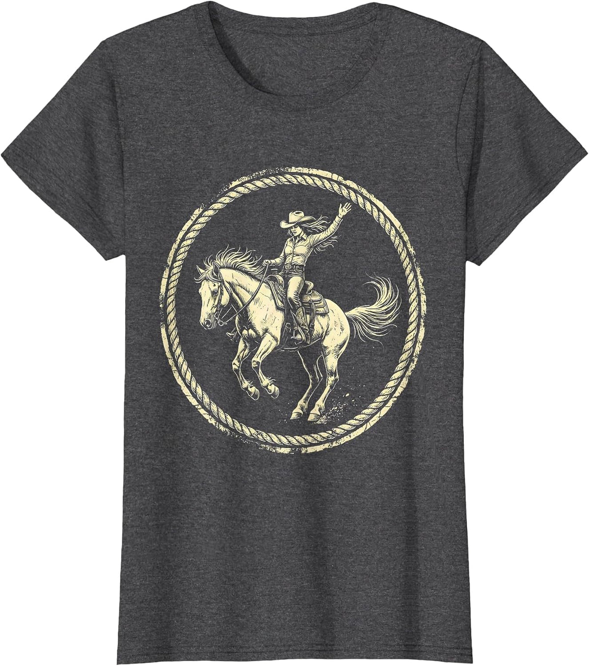 Women's Cowgirl Bucking Bronco Rodeo Rider Illustration T-Shirt - Dark Heather Grey