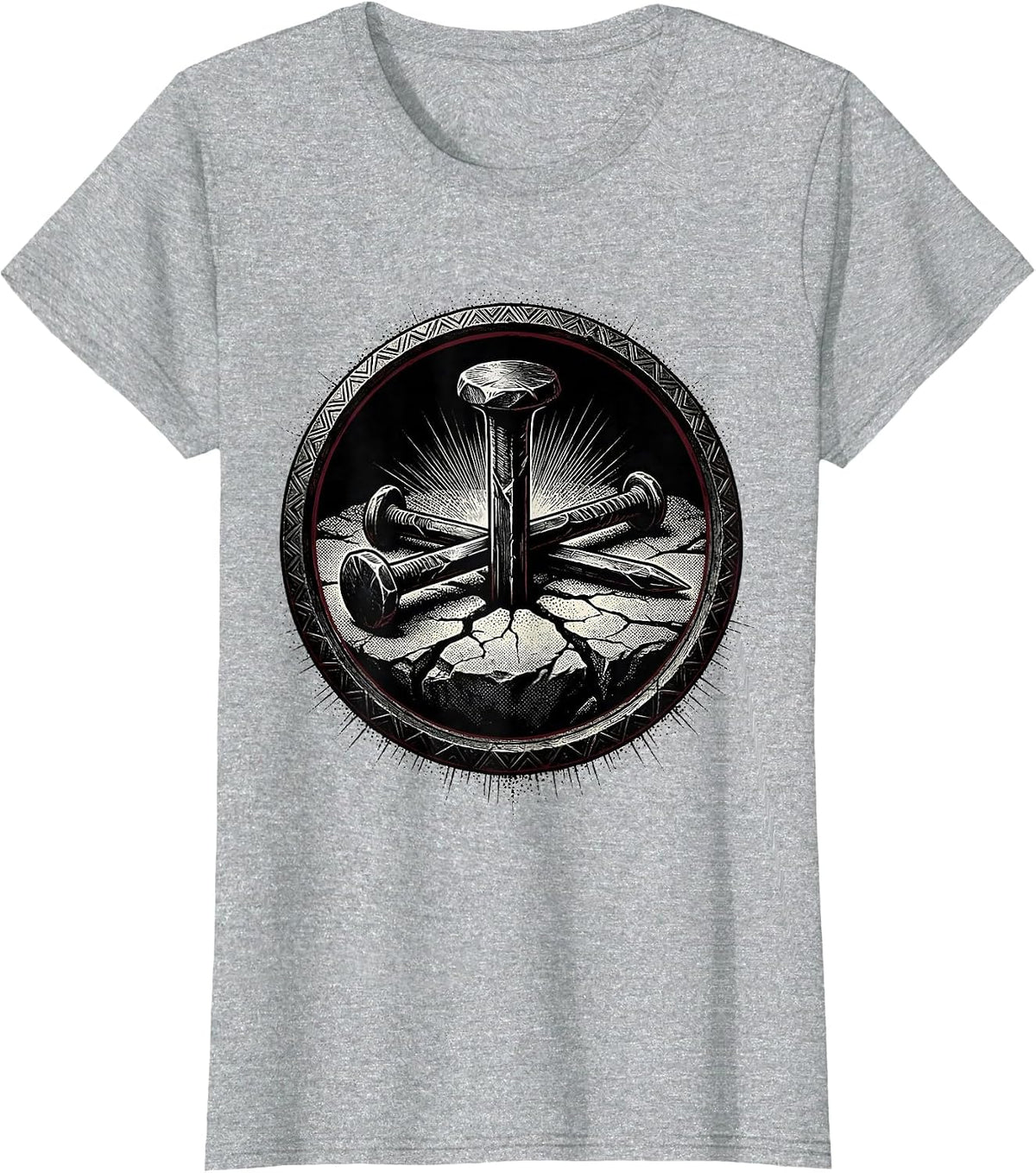 Women's Three Nails Cross Stone Ground Christian Art T-Shirt - Heather Grey