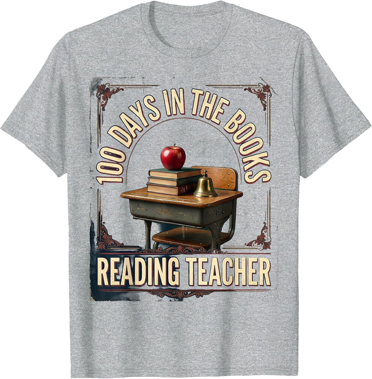 Men's 100 Days In The Books Reading Teacher Vintage School Desk T-Shirt - Heather Grey