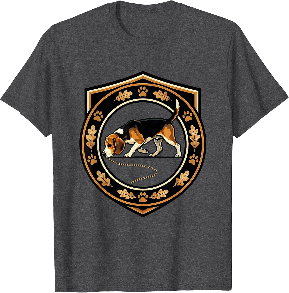 Men's Beagle On The Hunt Nose-Down Scent Trail Design T-Shirt - Dark Heather Grey