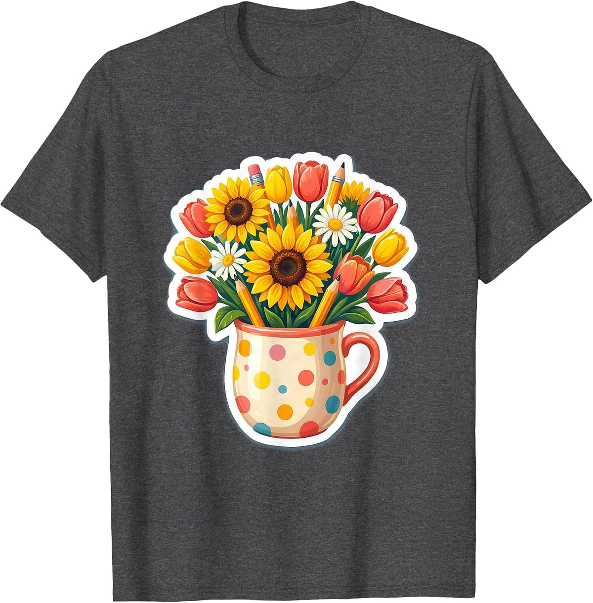 Friyay Teacher Floral Pencil Cup Illustration T-Shirt - Dark Heather Grey