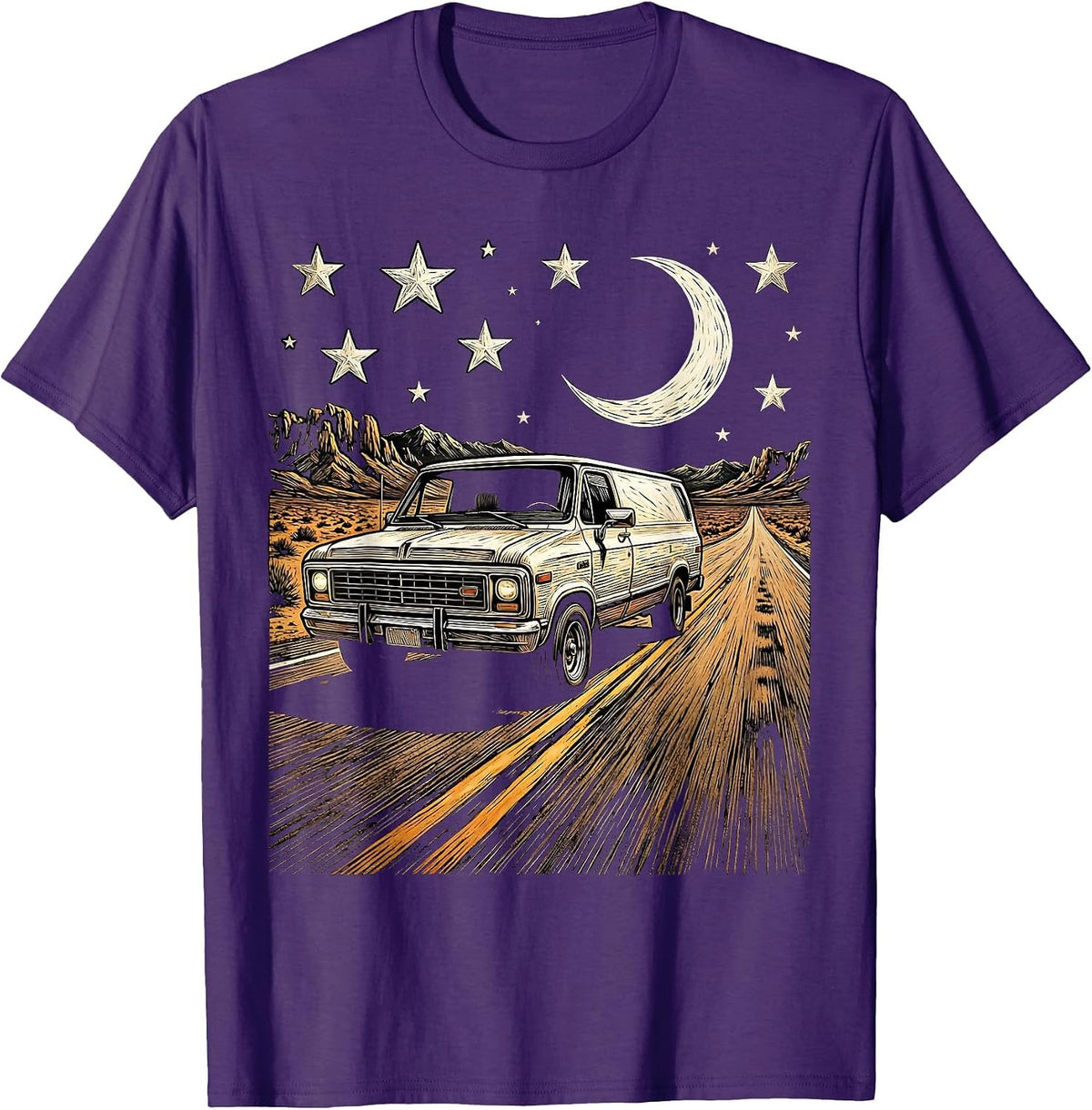 Vintage Van Highway Starry Night Rock and Roll T-Shirt - Purple