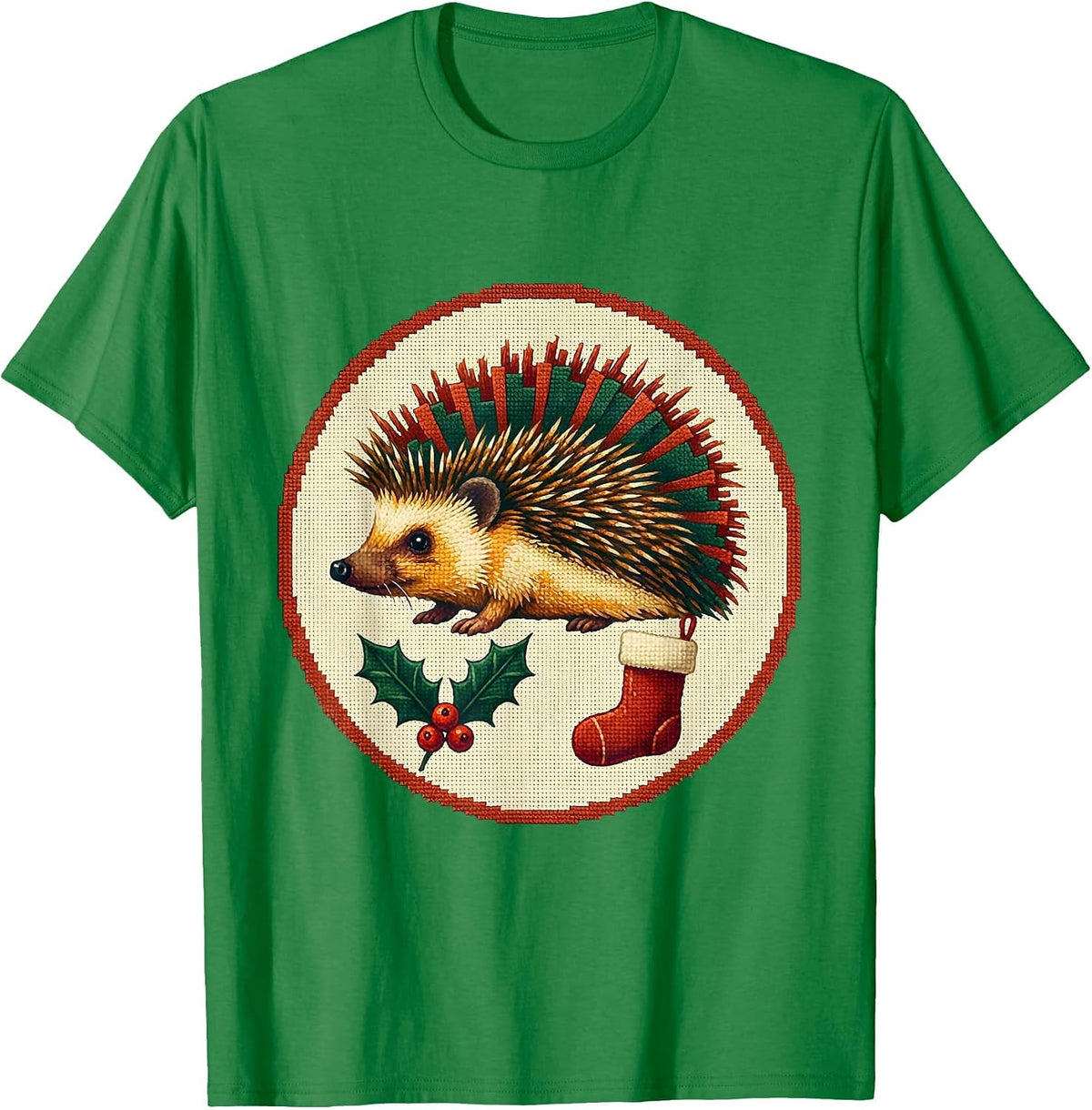 Men's Cross-Stitch Hedgehog Christmas Badge Cute Animal Lover T-Shirt - Kelly Green