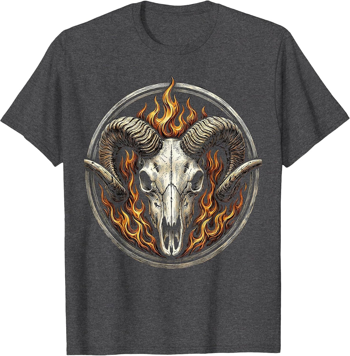 Men's Horned Skull Dark Flames Horror Graphic Design T-Shirt - Dark Heather Grey