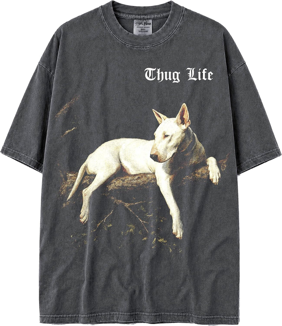U.S.A MAX-Heavyweight Oversized Shaka Wear Faded Tshirt of Thug Life Dogs and Animals for Men & Women - White Bull Terrier