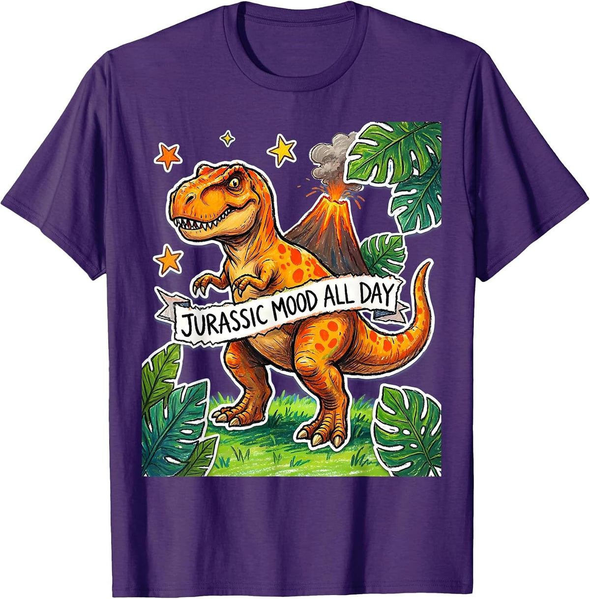 Jurassic Mood All Day Dinosaur Design T-Shirt - Purple