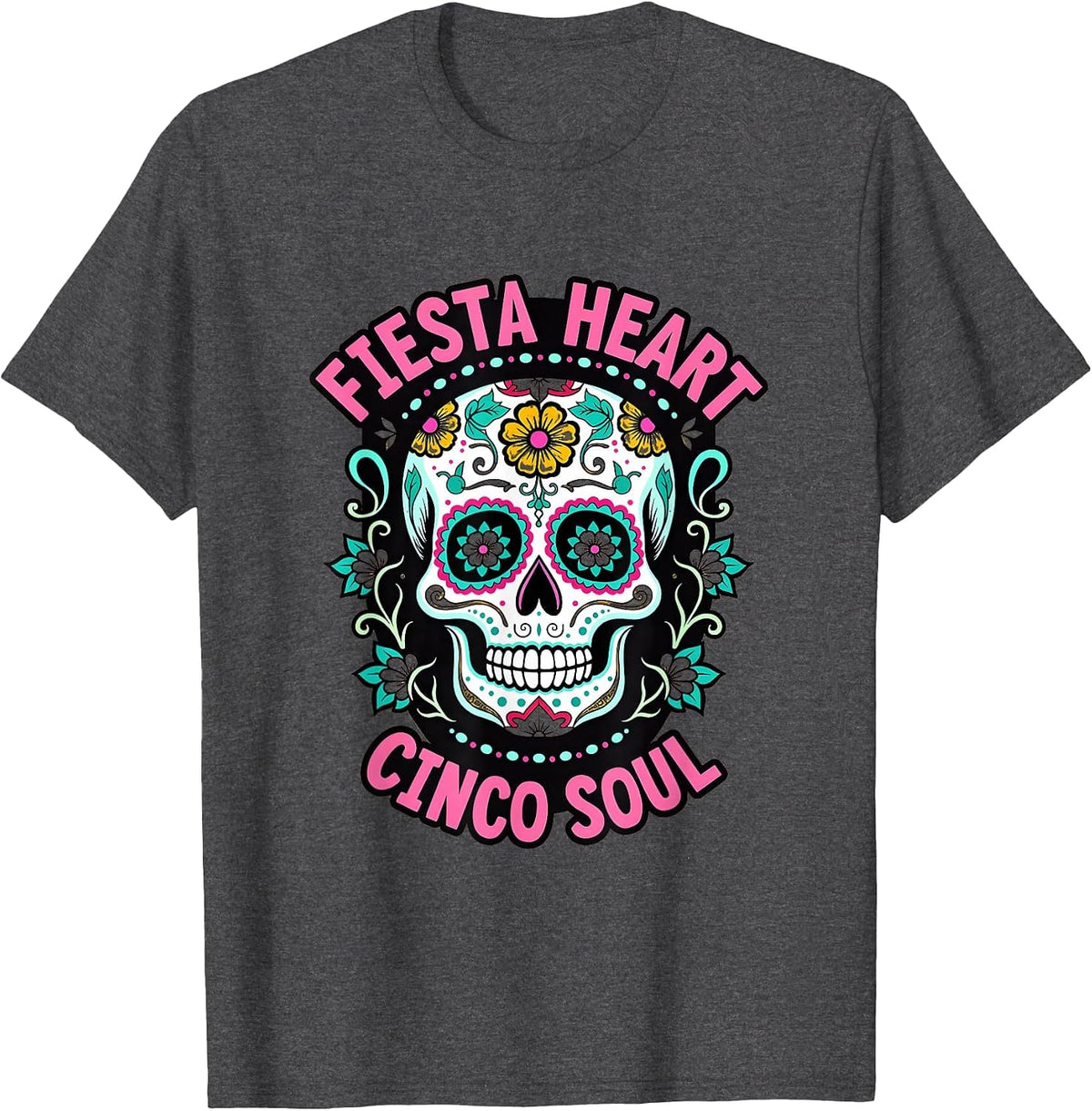 Fiesta Heart Cinco Soul Celebration Design T-Shirt - Dark Heather Grey