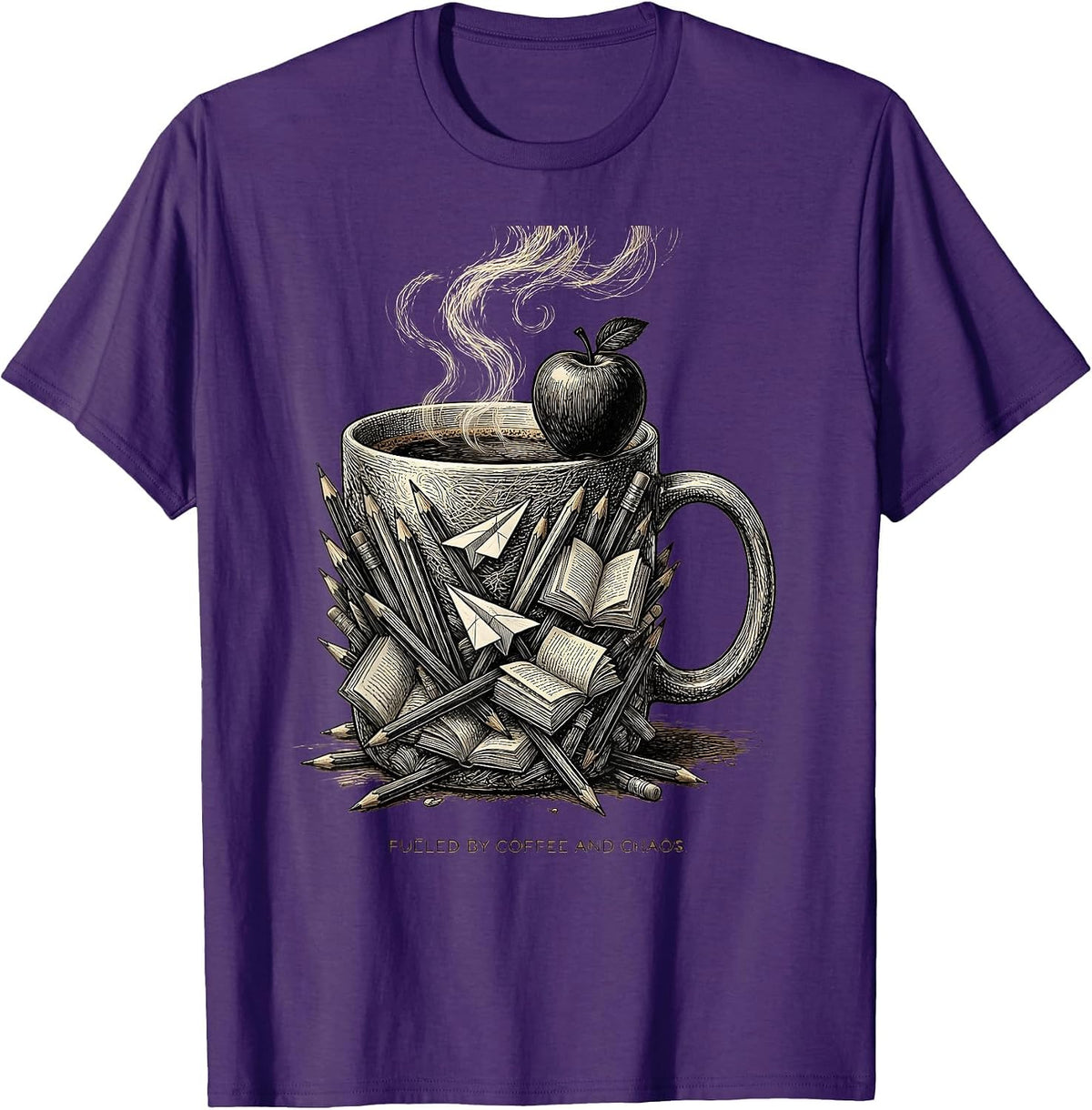 Fueled by Coffee and Chaos 5th Grade Teacher T-Shirt - Purple