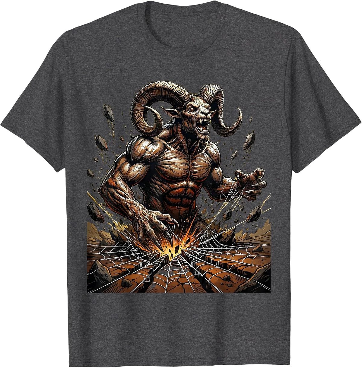 Men's Horned Demon Rising From Cracked Earth T-Shirt - Dark Heather Grey