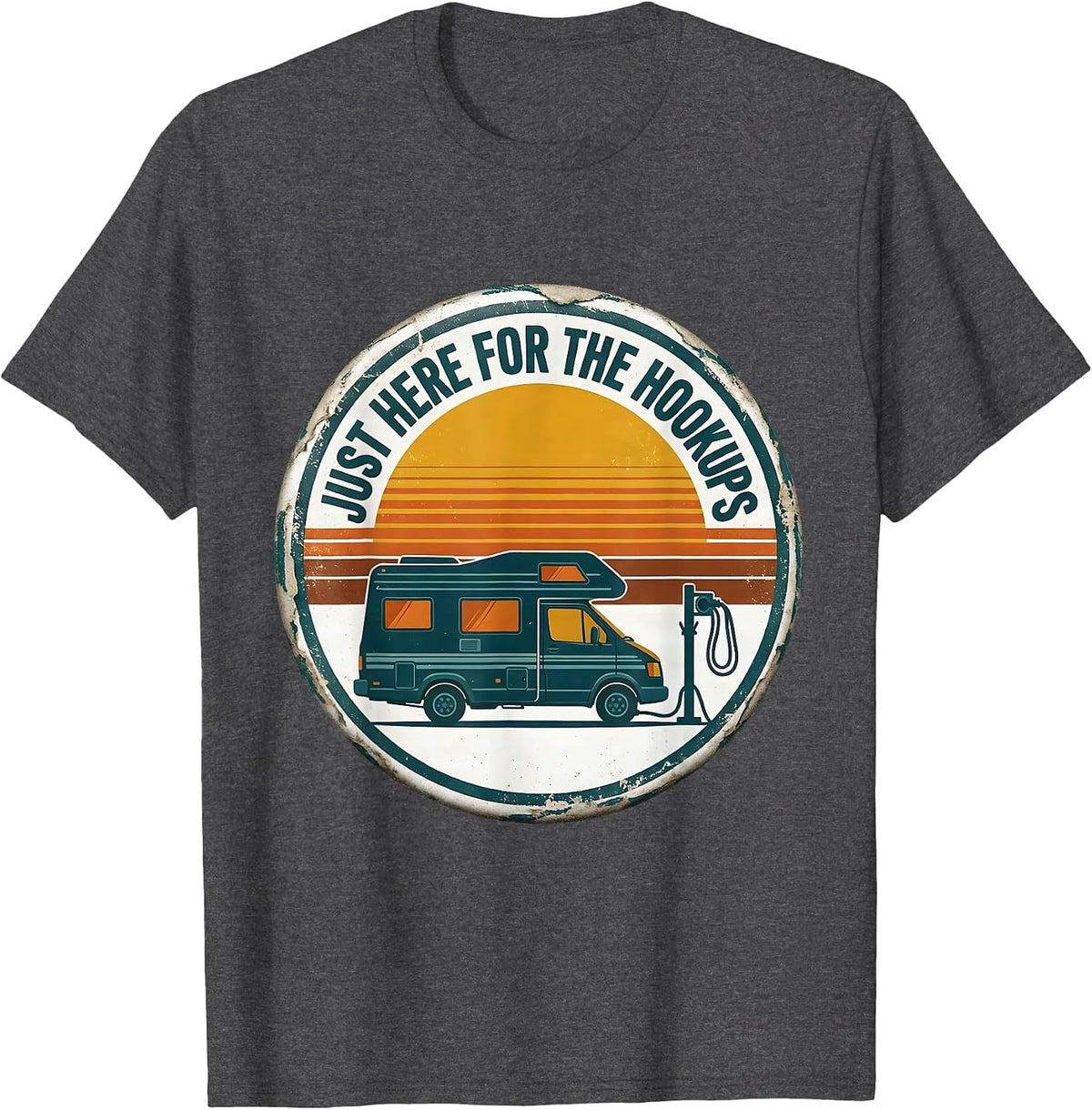 Men's Just Here For The Hookups Retro Van Life Nomad Badge T-Shirt - Dark Heather Grey