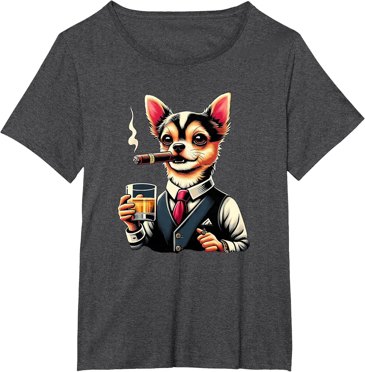 Chihuahua Dog Cigar and Whiskey T-Shirt - Dark Heather Grey