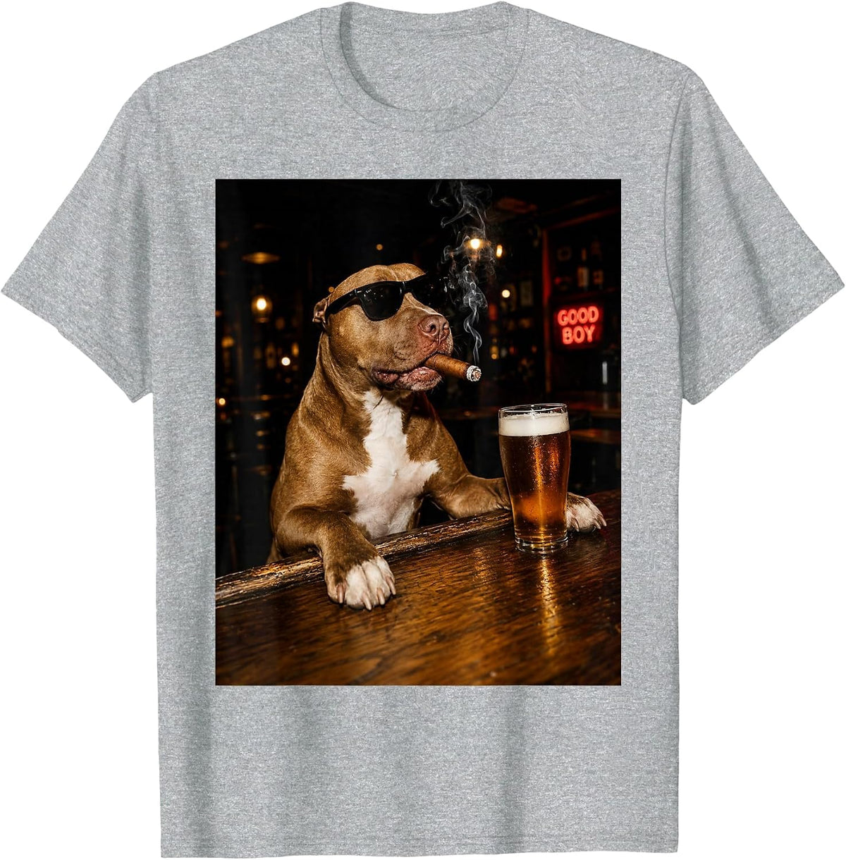 Silly Pitbull Drinking Beer Graphic Good Boy Dog Lovers T-Shirt - Heather Grey