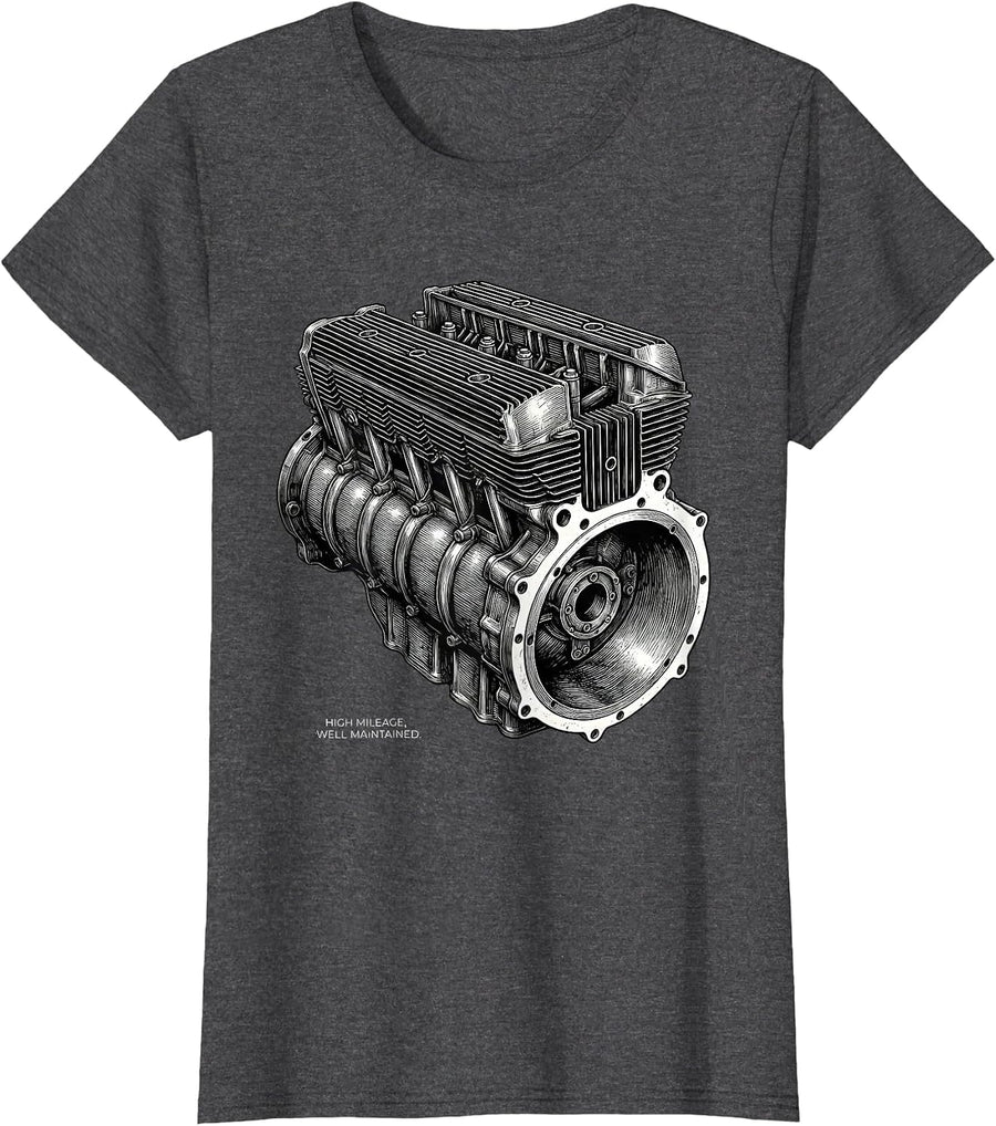 Women's High Mileage, Well Maintained Funny Car Guy Classic Car T-Shirt - Dark Heather Grey