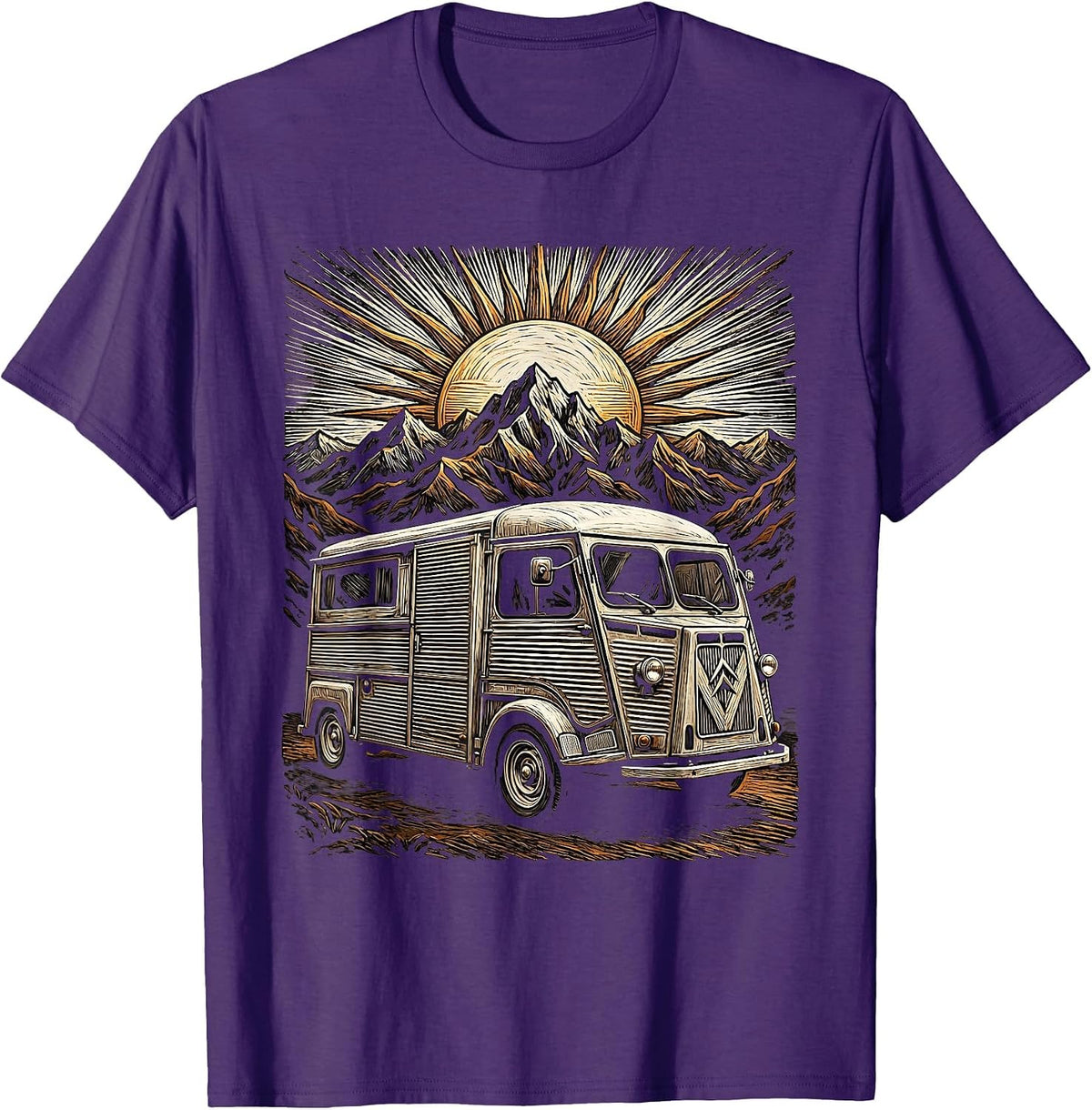 Vintage Van Mountain Dusk Rock Graphic Tee T-Shirt - Purple