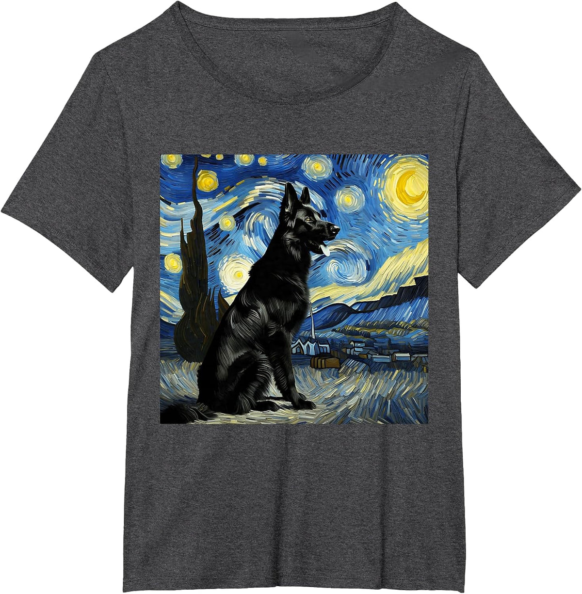 Black German Shepherd Starry Night Van Gogh Thanksgiving T-Shirt - Dark Heather Grey