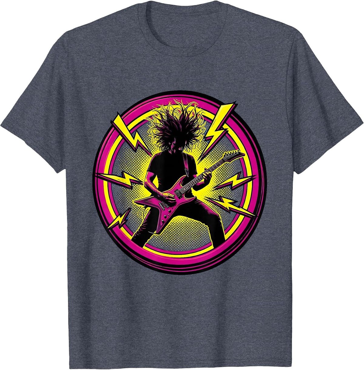 80s Hair Metal Guitarist Shredding on Stage T-Shirt - Heather Blue