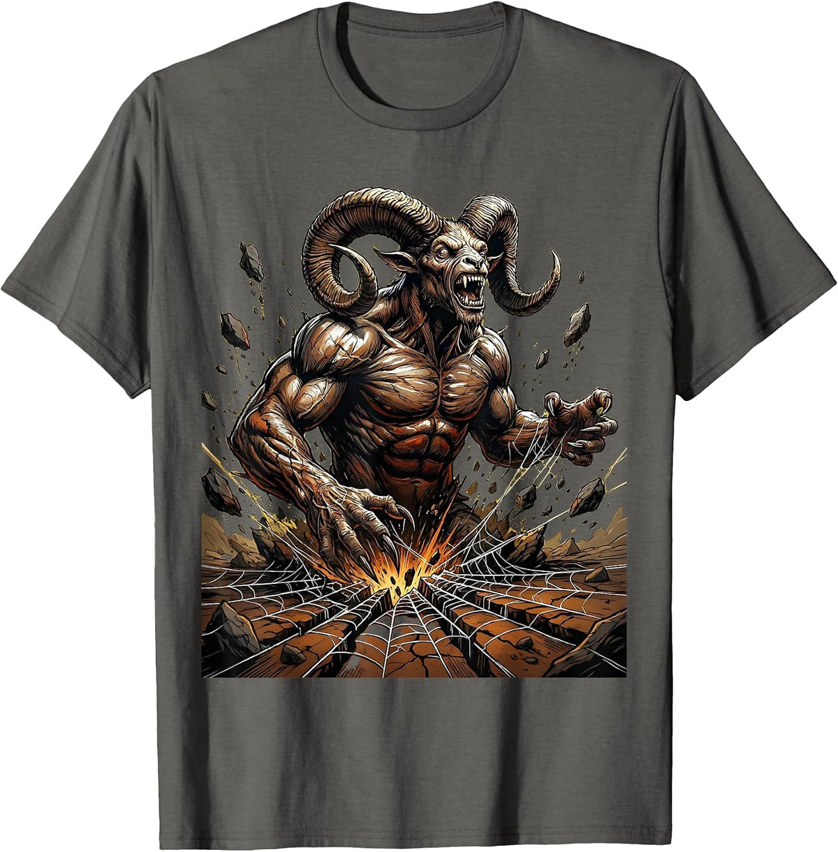 Men's Horned Demon Rising From Cracked Earth T-Shirt - Asphalt Grey