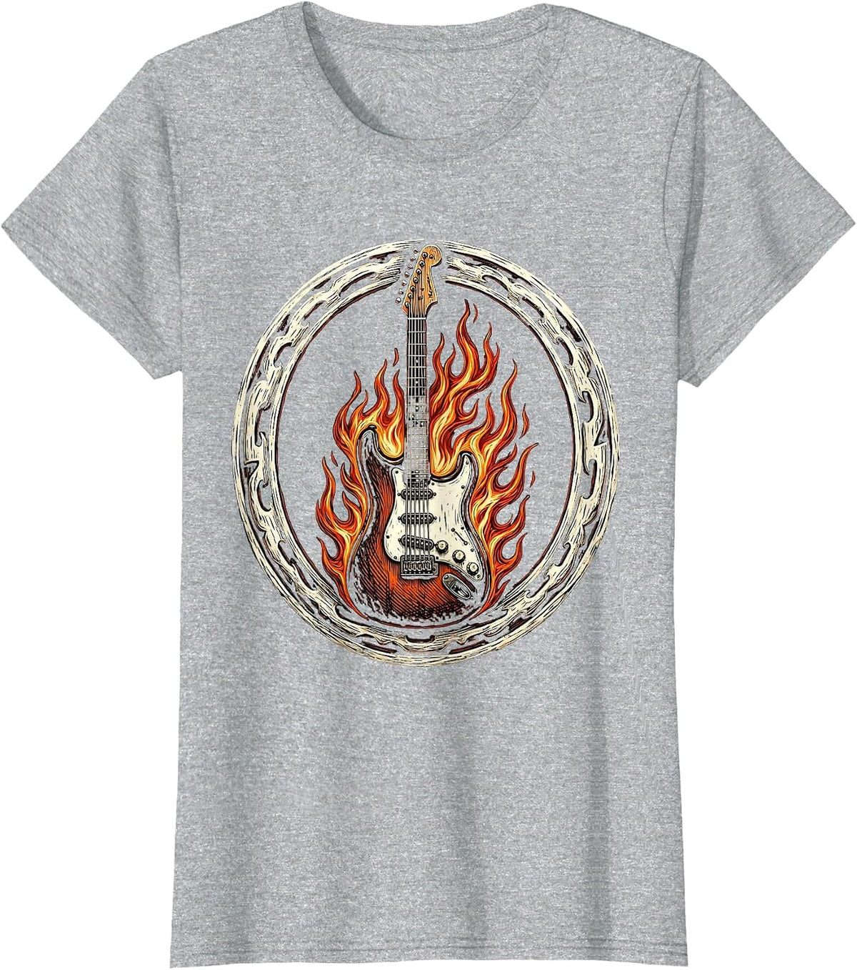 Flaming Electric Guitar Punk Rock Graphic T-Shirt - Heather Grey