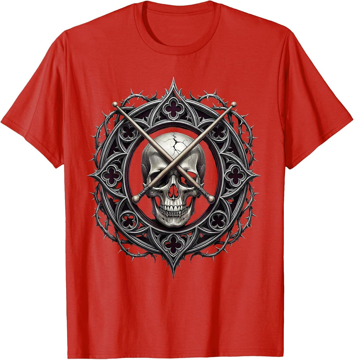 Men's Crossed Drumsticks Cracked Skull Vintage Rock Design T-Shirt - Red