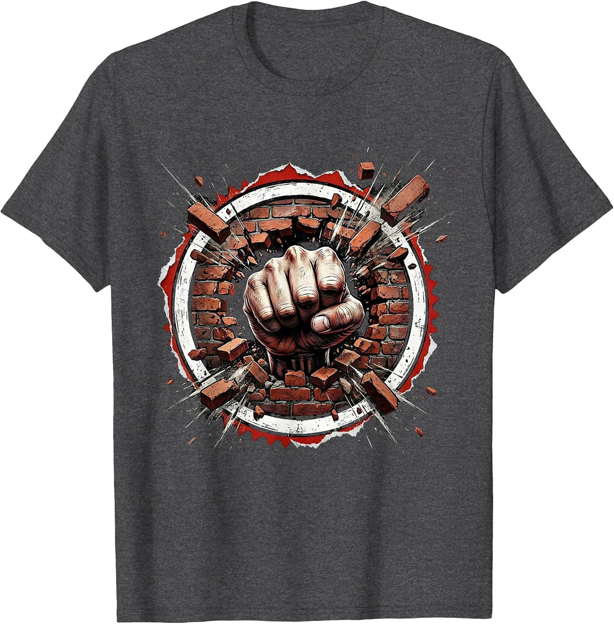 Rock Fist Punching Through Brick Wall Graphic T-Shirt - Dark Heather Grey